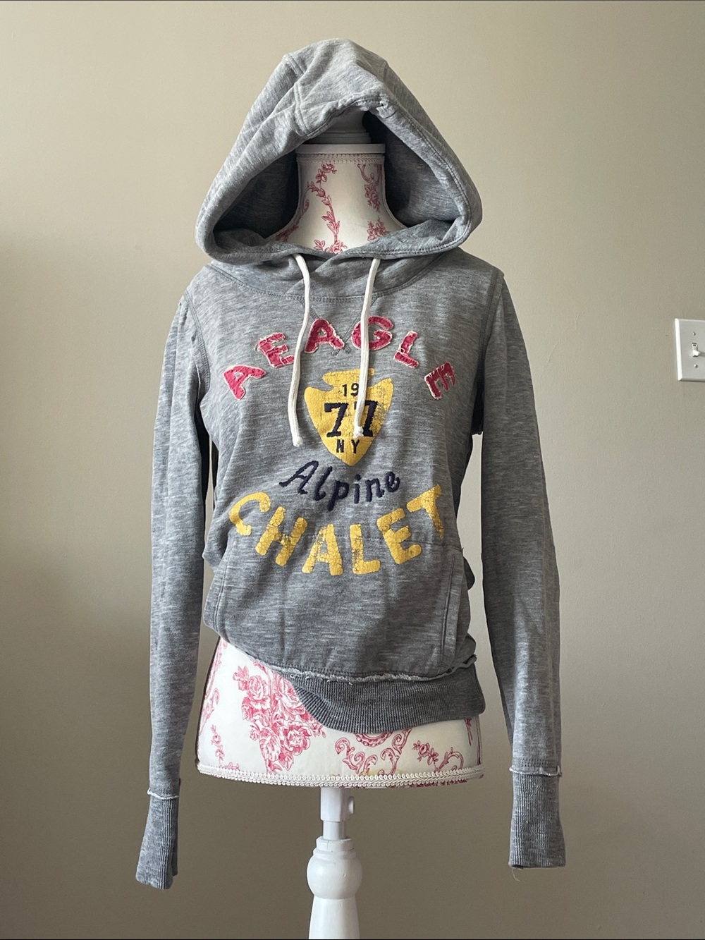 Vintage American Eagle Gray Hoodie Sweater with Colorful 'Alpine Chalet' Graphic